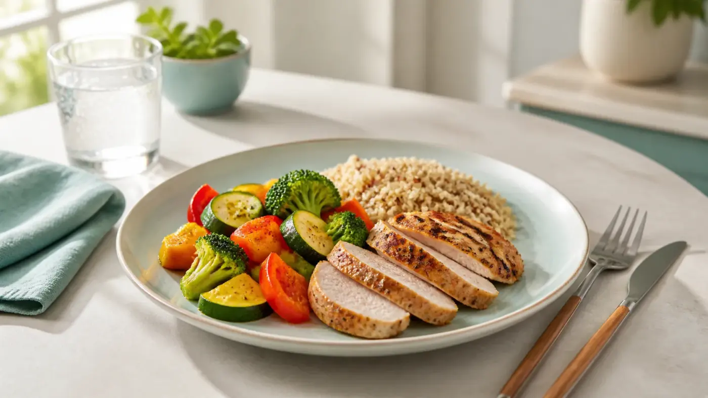 Healthy portioned meal reflecting a lifestyle-plus-medication weight loss program