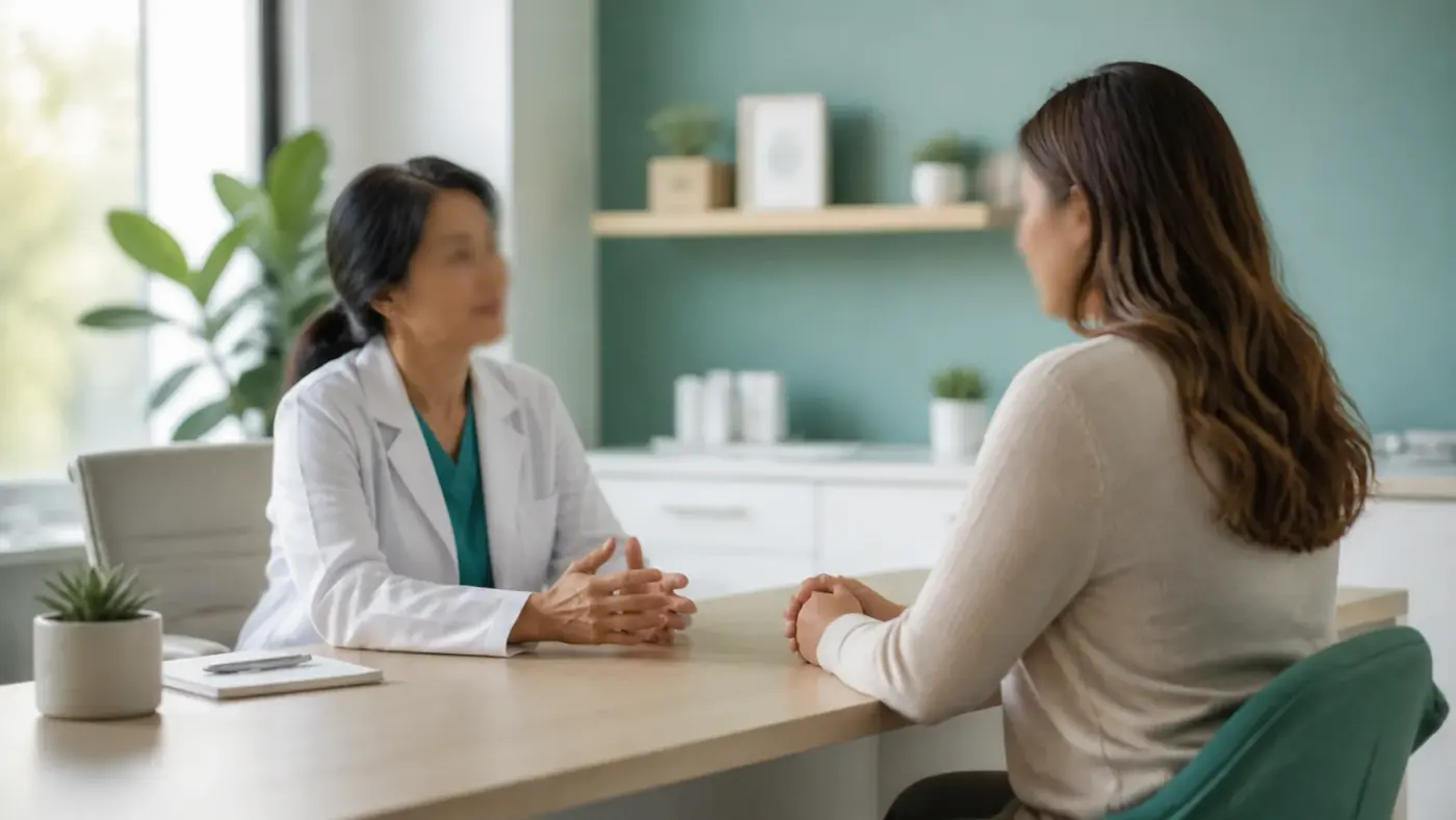 Clinician and patient discussing a GLP-1 weight loss program in a modern office