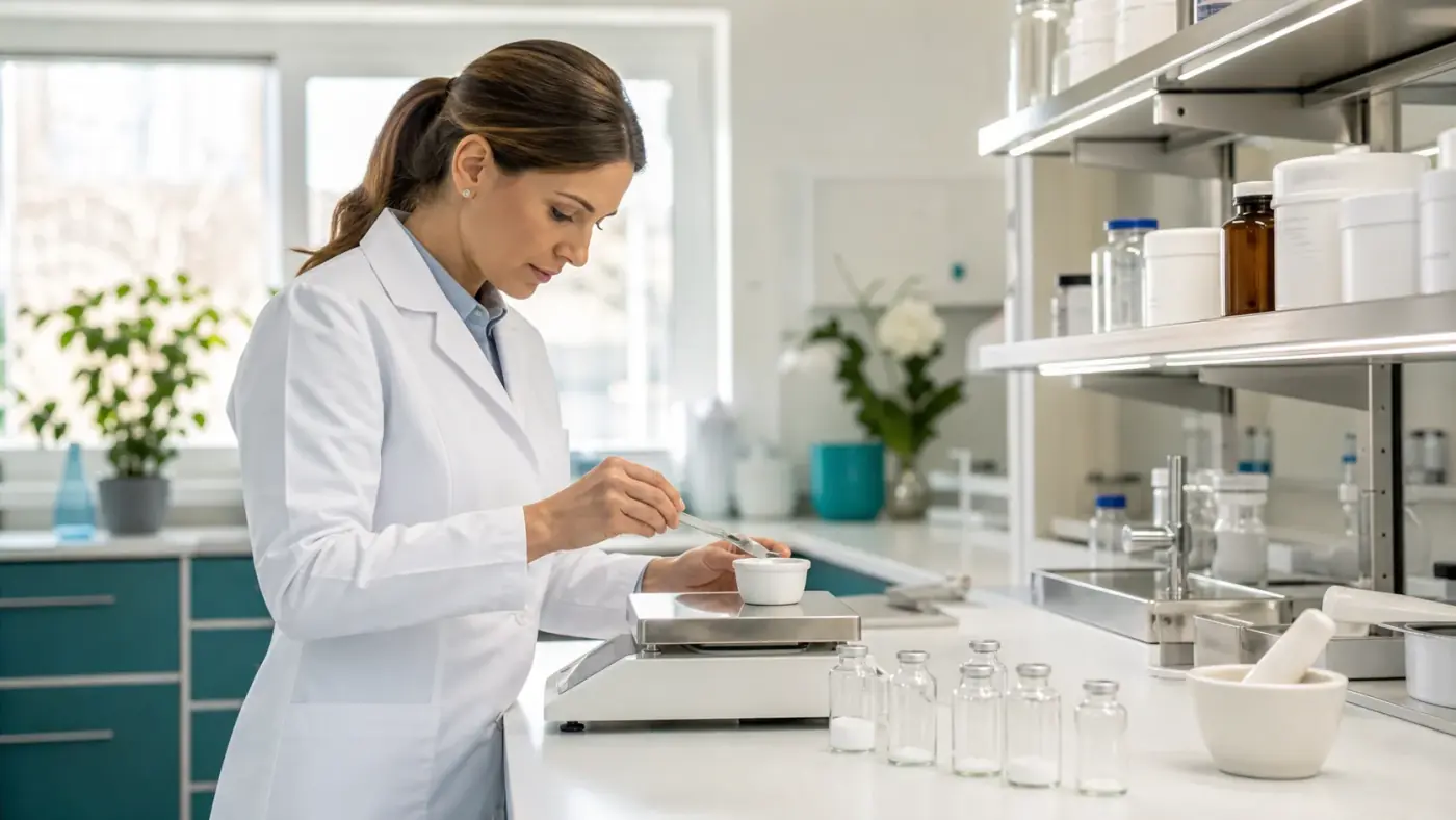 Pharmacist preparing compounded medication at a clean lab bench with vials