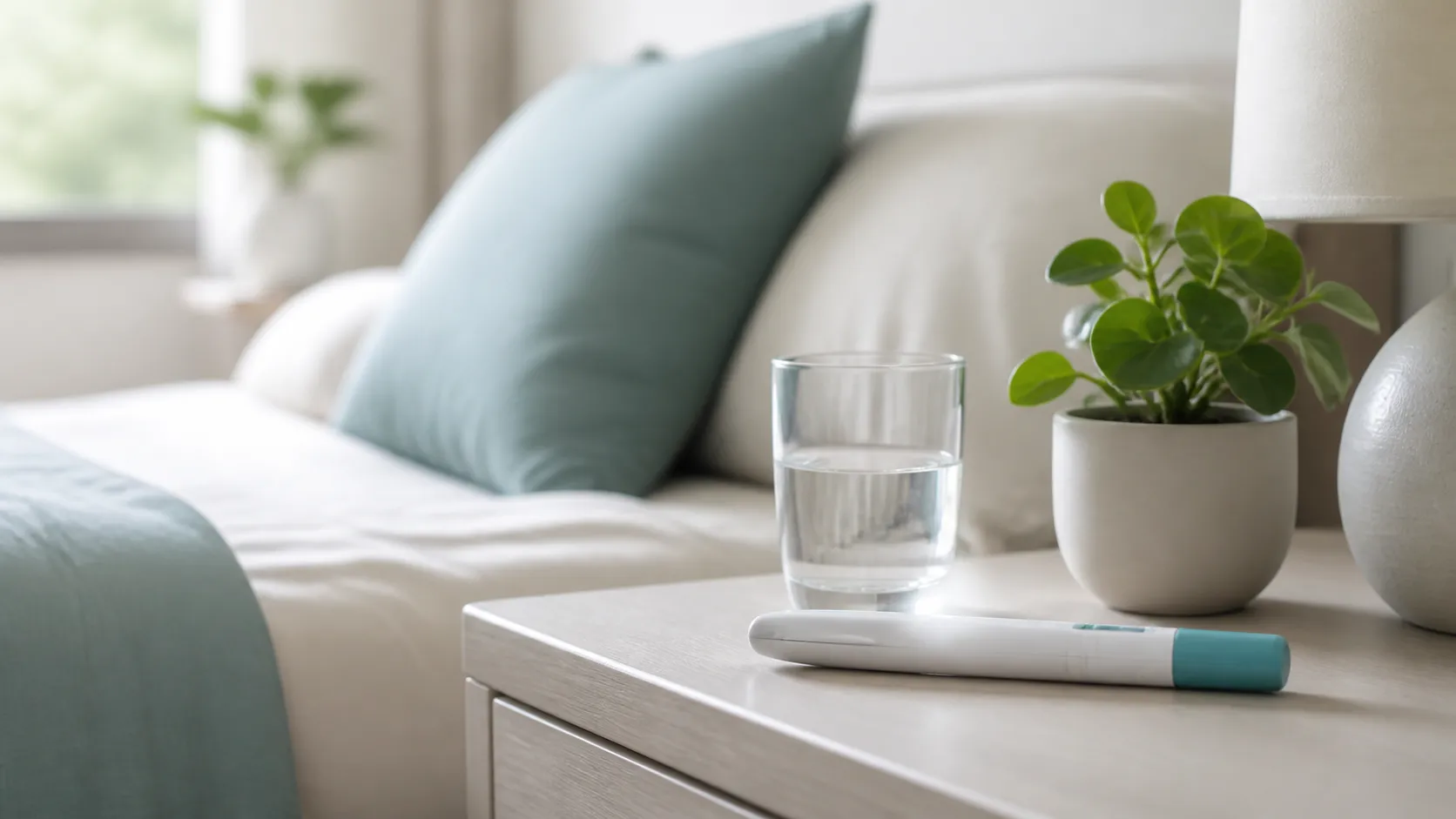 Weekly GLP-1 injection pen on a bedside table with a glass of water