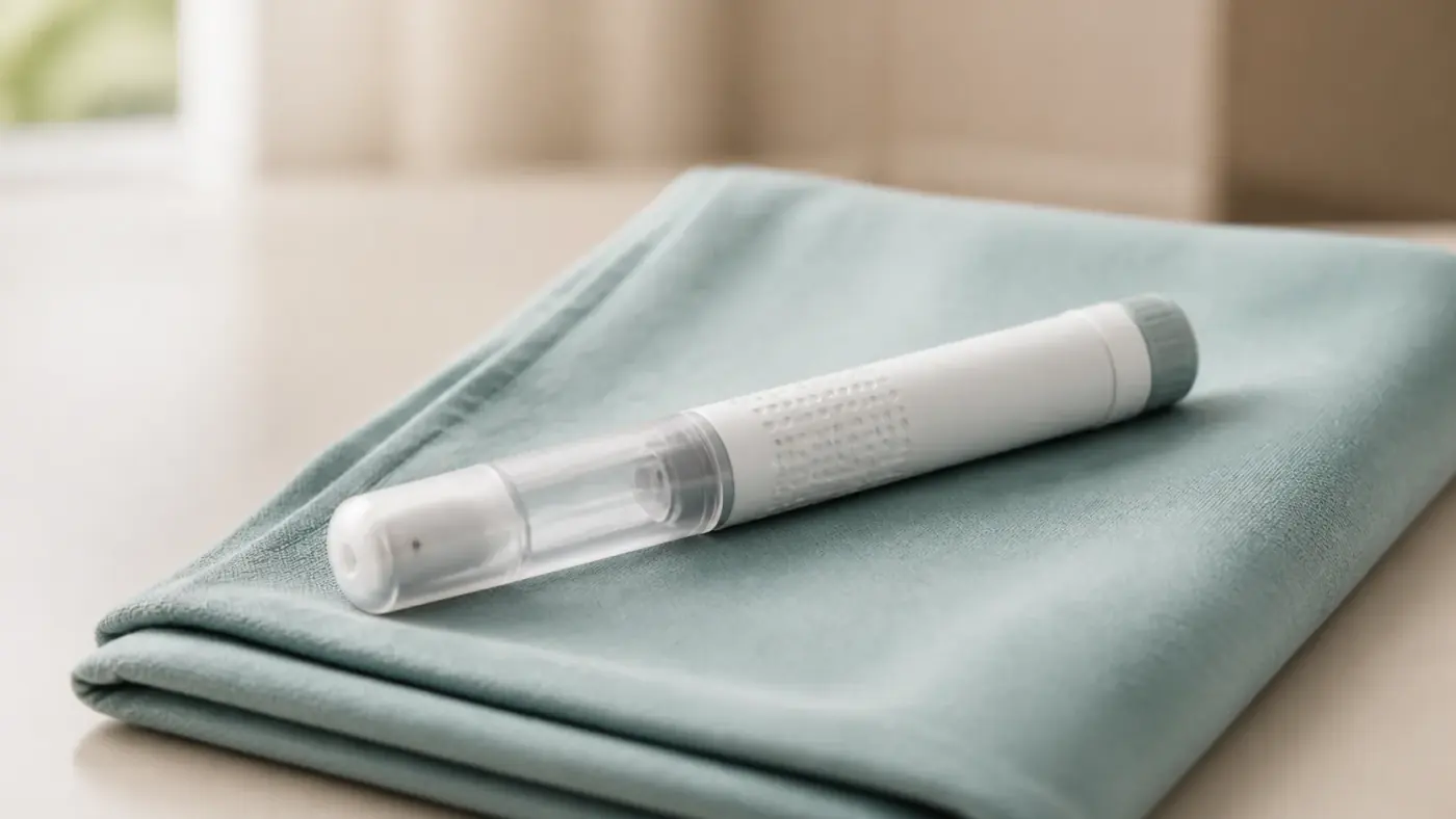 Unbranded semaglutide-style injectable pen on a teal cloth