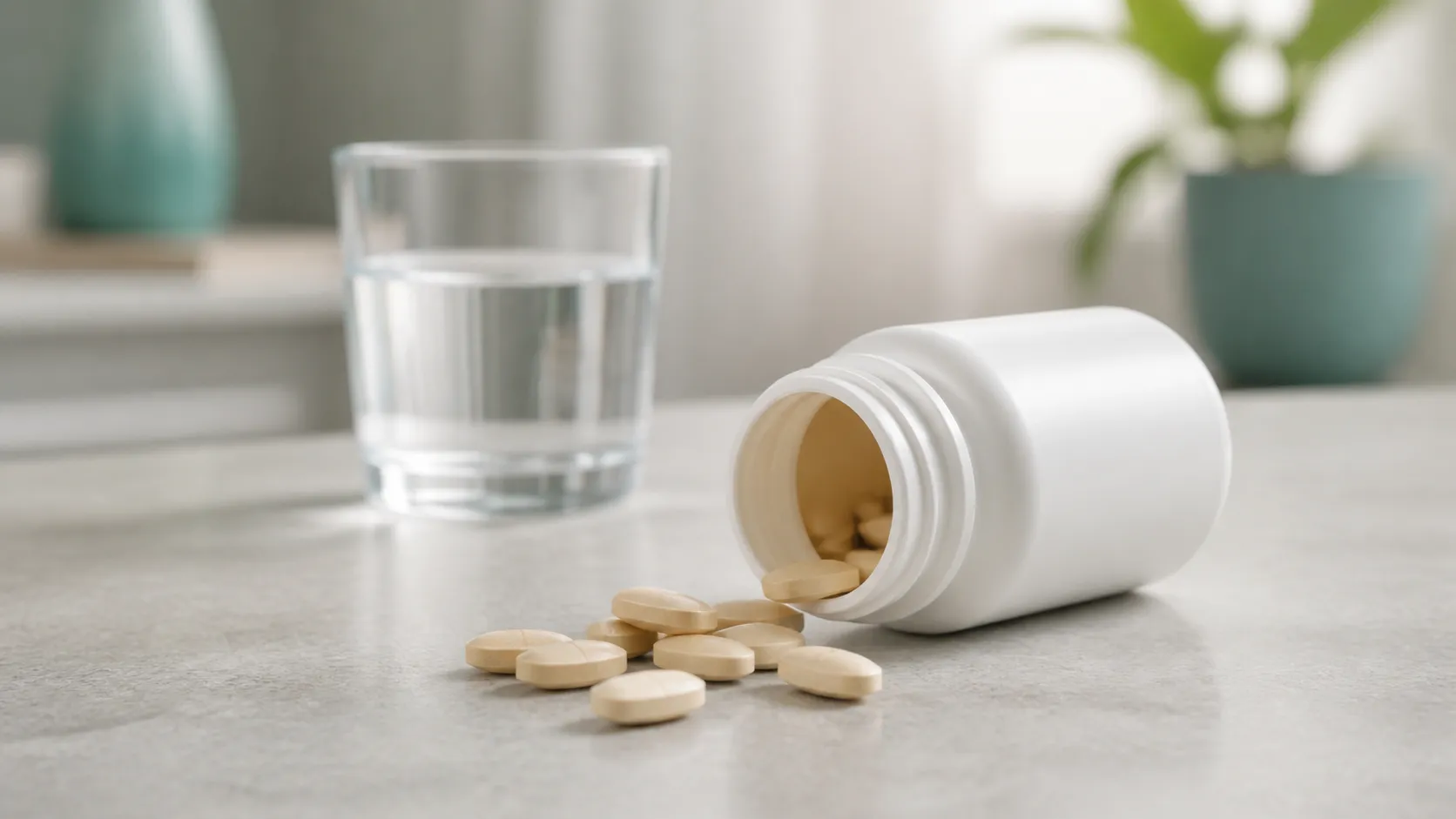 Open white pill bottle with oval tablets spilling onto a kitchen counter beside a small glass of water, the morning setup for a daily GLP-1 pill