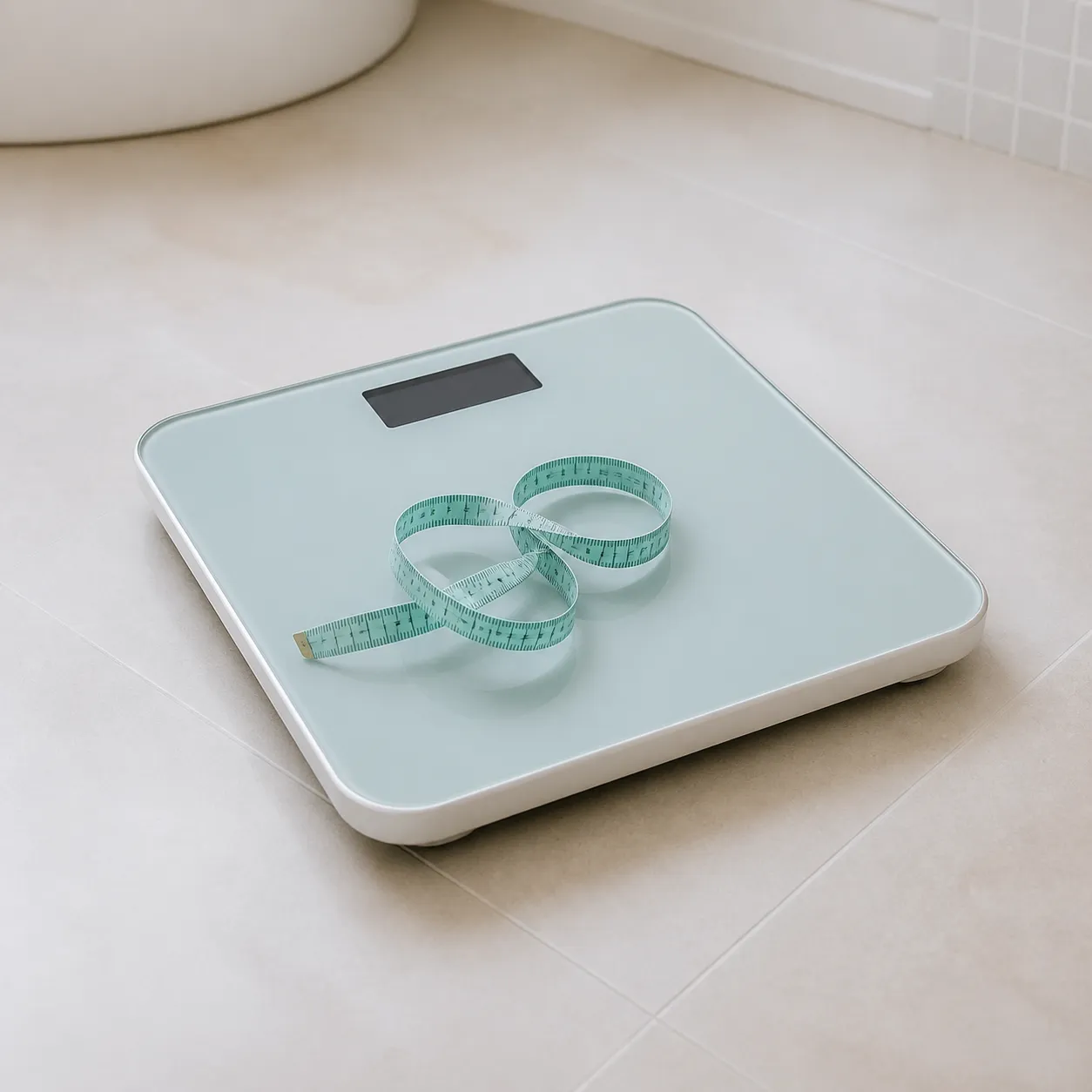 Bathroom scale with a measuring tape coiled on top