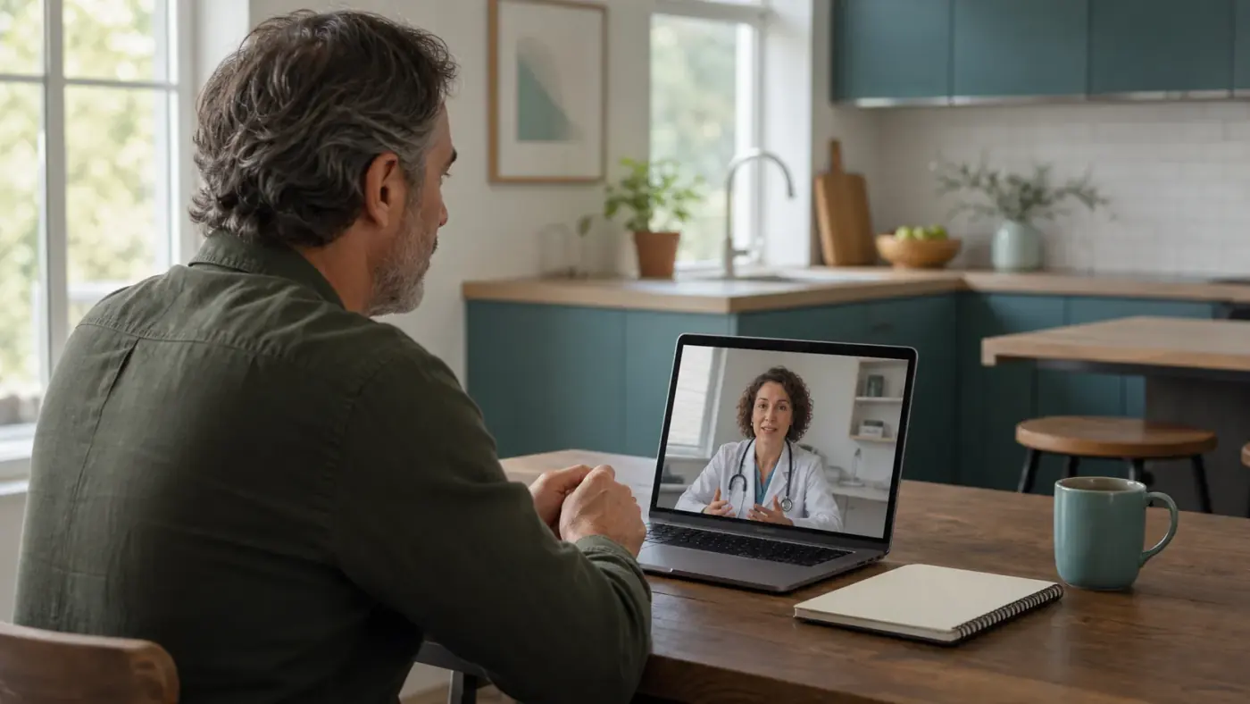 Patient talking with a telehealth clinician about GLP-1 weight loss programs on a laptop at home